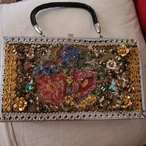 Vintage Veldore of Houston Hand Decorated Beaded Needlepoint Hard Side Purse